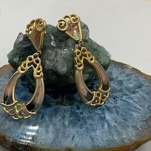 Vtg. Signed Don Lin Gold Tone Enamel Post Drop Earrings (Hang Down 2 3/4”)